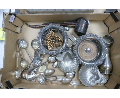A mixed collection of silver plated items including loose cutlery, bottle stands, shell shaped dishes together with vintage R