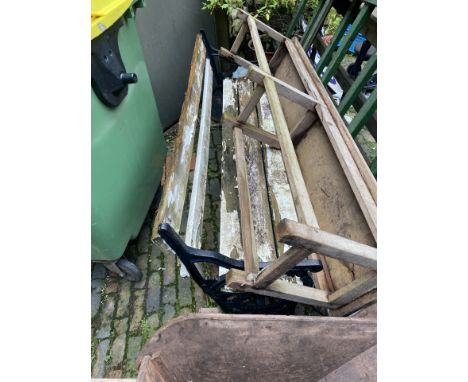 3 vintage outdoor benches, one large wooden bench together with a similar example with cast iron ends 