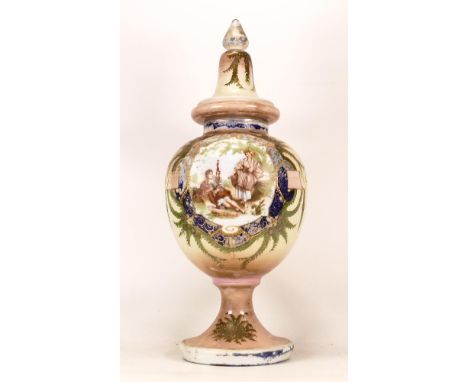 A Victorian Milk Glass Vase with Enamel Decoration and handpainted scene of courting couple. Height: 48.5cm 