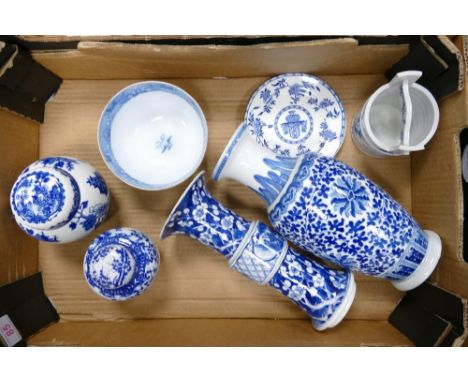 A Mixed Collection of Blue and White Ceramics to include Ginger Jars, Baluster Vase, Sugar Bowl, Kutani style Bucket (1 Tray)