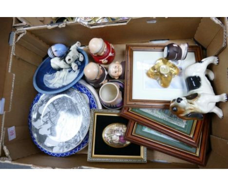 A mixed collection of items to include framed prints, Goebel type Monk storage jars, Sylvac type figures, North American Indi