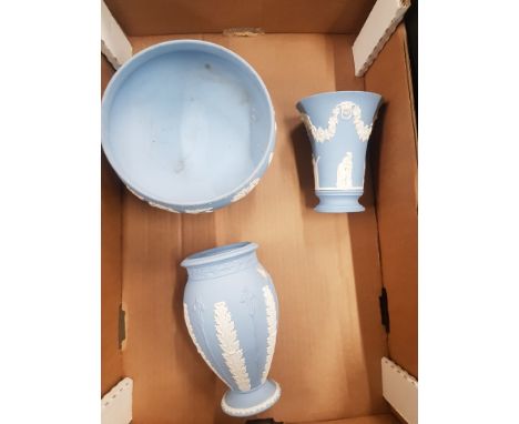 Wedgwood blue jasperware items to include to footed fruit bowl, flared vase and similar vase (3) 