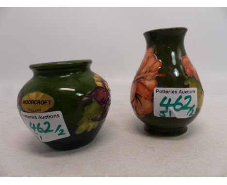 Moorcroft Orchid on green 7.5cm together with Hibiscus on green pattern vase 10cm (2) 