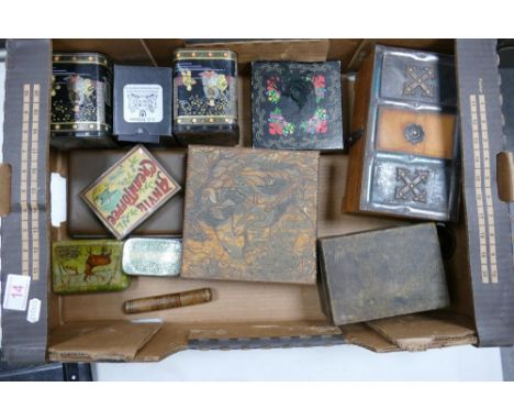 A collection of vintage tin advertising boxes, wooden casket &amp; similar 