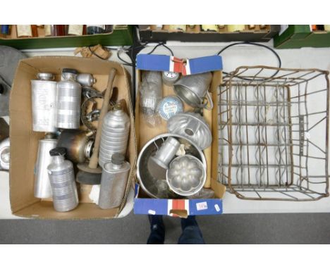 A large mixed collection of vintage kitchenalia to include Wire Bottle Basket, Aluminium Jelly Moulds &amp; Measures, Regaid 