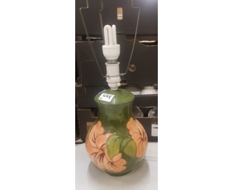 Moorcroft Hibiscus on green ground table lamp, height to top of ceramic 26cm. 