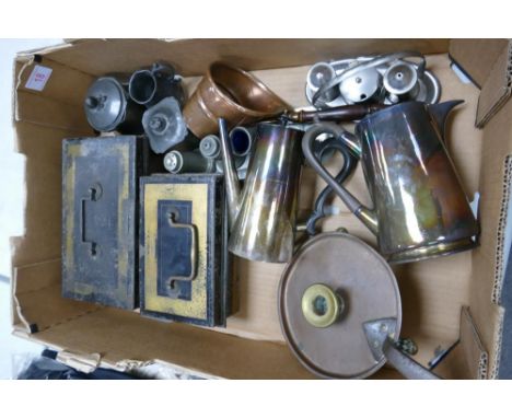 A mixed collection of items to include Resturges pewter items, vintage cash boxes, silver plated water jugs, early copper han