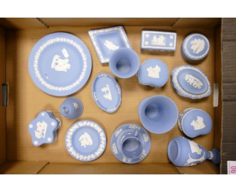 A Collection of Wedgwood Blue Jasperware to include Vases, Trinket Pots, Bell, Plates etc. (1 Tray) 