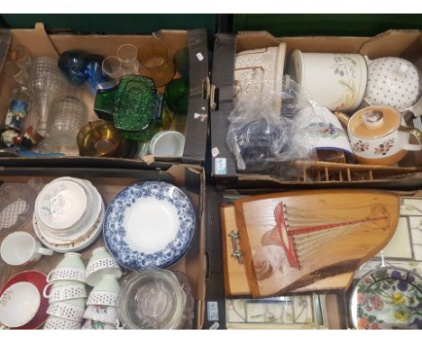 A mixed collection of ceramic and glassware items to include 70s retro kitchenware, glassware; green reproduction vase, tea c