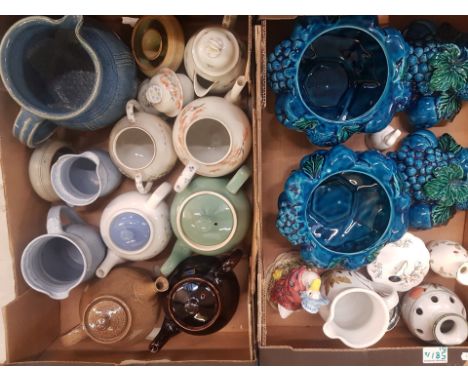 Mixed collection of ceramic items to include oriental tea pots, stone ware jugs, lidded pots, Wedgwood vase etc (2 trays). 