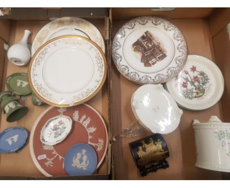 A mixed collection of ceramic items to include sage green and blue Wedgwood jasperware items, Wedgwood terracotta wall plate,