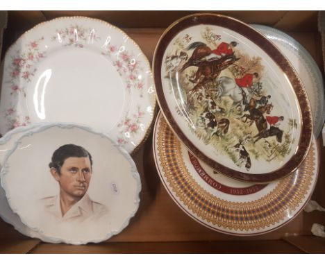 A collection of ceramic plates to include 4 paragon victoriana rose dinner plates, Royal Albert commemorative plates, Weather