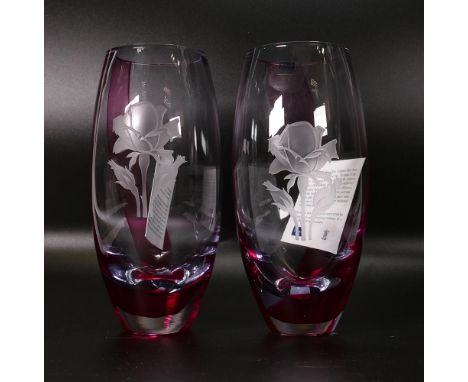 A pair of Caithness rose vases. Limited edition of 7500, both boxed with certificates. Height 20cm 