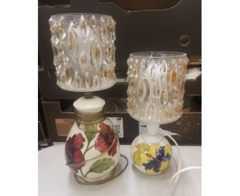 Two Moorcroft Hibiscus on cream ground table lamps with vintage glass shades, height to top of ceramic of tallest lamp 20cm (