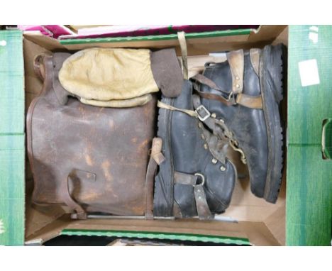 A mixed Collection of items to include vintage Scarpa soled mountaineering boots, vintage leather mittens, leather belt full 
