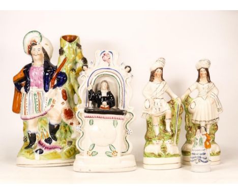 A Collecion of Five Staffordshire Figures to include John Wesley Clock Figure, Hunter Spill Vase, A Pair of Highland Shepherd