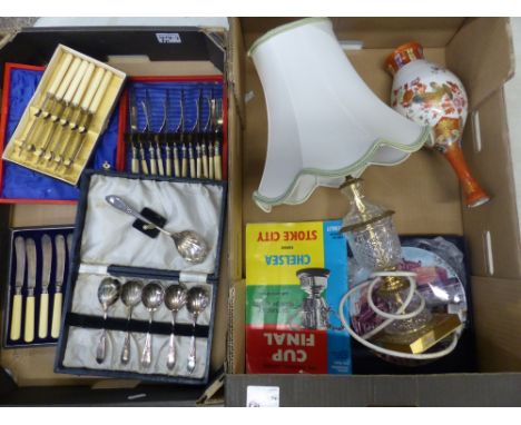 A mixed collection of items to include cased cutlery sets, damaged Oriental vase, glass table lamp together with a 1972 Chels