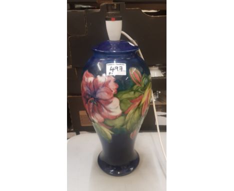 Moorcroft Hibiscus on cobalt blue ground table lamp, height to top of ceramic 33cm. 