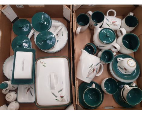 Denby greenwheat patterned tea and dinner ware items to include tea pot, hot water jug, 4 mugs, 4 cups and saucers, 4 side pl