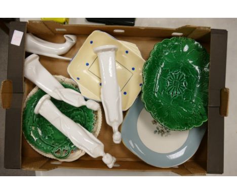 A mixed collection of items to include Wedgwood Cabbage ware platters, Spode &amp; Royal Dux figures etc 