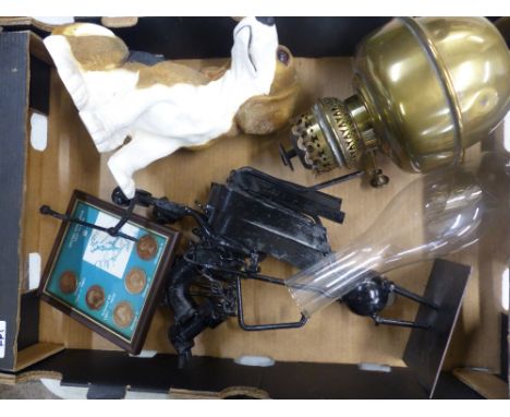 A mixed collection of items to include a hobbyist type metal sculpture, brass oil lamp and chimney, framed coin set and a lar