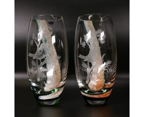 A pair of Caithness robin vases. Both boxed, height 20cm 