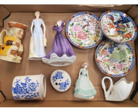 A mixed collection of ceramic items to include 7 small oriental plates, Royal Grafton figure, Claytondale figure, Tony wood T