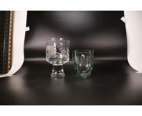 Two item of Etched Crystal Glass; to include Anne Robertson, An etched glass goblet bearing the inscription Think Ye May Buy 