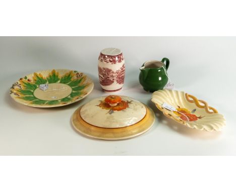 A collection of Clarice Cliff &amp; similar pottery items to include Tonquin patterned Sugar Shaker, Tureen Lid, Wilkinson Rh