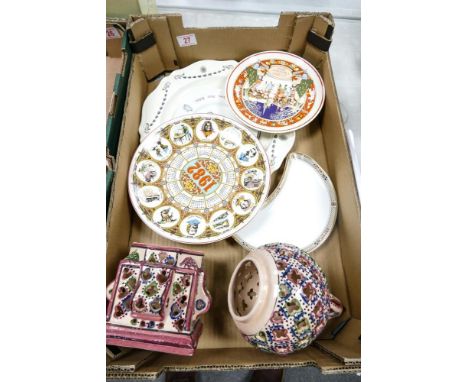 A mixed collection of items to include Decorative wall plates, pottery vase together with Royal Doulton Small Character Jugs 