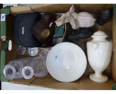 Mixed collection of items to include crystal decanters, 2 pairs of binoculars (one vintage, 1 modern) small oak cased mantle 