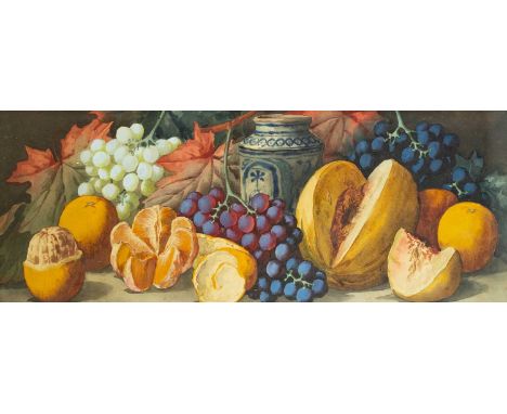 Giovanni BARBARO (1864-1915) Fruit Still-Life with Blue & White Jar Watercolour on paper, signed, 75.5cm x 31cm, 78cm x 34cm 