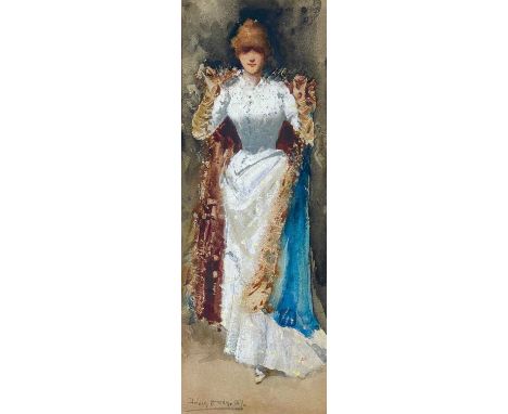 Dudley HARDY (1867-1922) Woman In White Dress Watercolour, signed and dated '87, 26 x 9cm, 33.5cm x 51cm framed.
 
Dudley Har