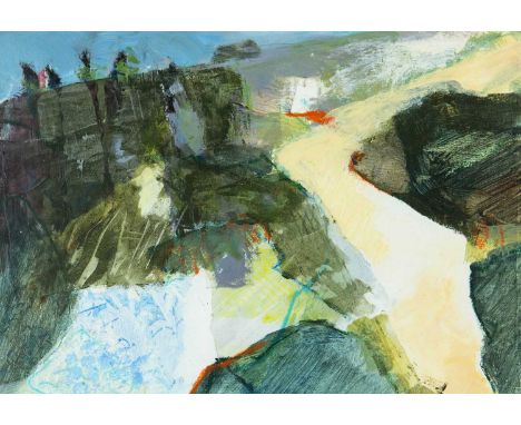 Sally HOLMAN (1949) Cornish Coast Mixed media on paper, signed and titled verso, 25cm x 36cm, 42cm x 52cm framed.