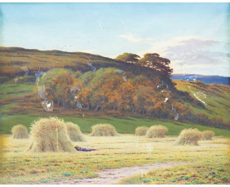 Joseph KNIGHT (1837-1909) Haystacks in a Landscape, 1885 Gouache, signed and dated, 84 x 102cmThere is damage which will need