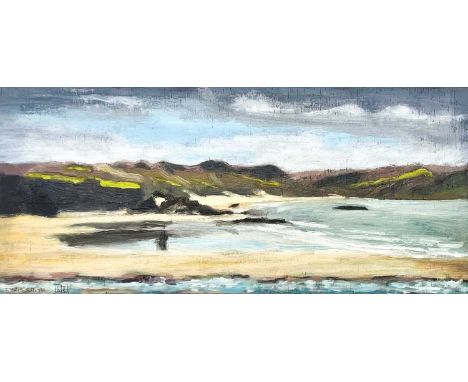 Chris SMITH (1950) Gwithian Oil on ply, signed, titled verso to artist's label, 16cm x 36cm, 25.5cm x 46cm framed.
 
Trained 