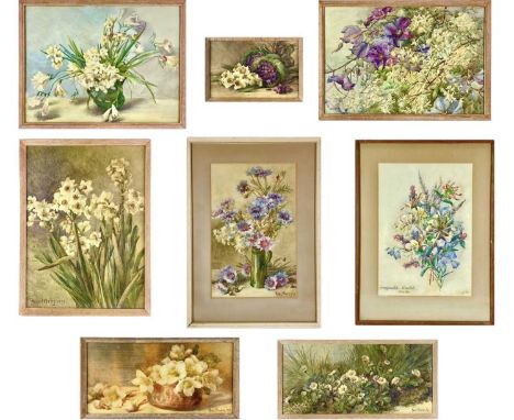 Marie HENSLEY (c.1856-1911) Eight works Harebell and Heather / Daisies / Daffodils / Still life - Watercolours, initialled an