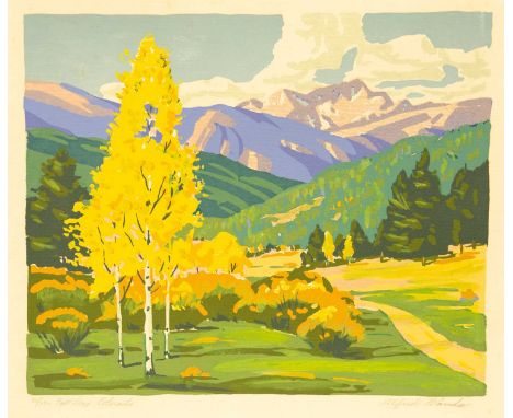 Alfred James WANDS (1902/04-1998) Fall Day, Colorado Woodcut in colour, signed and titled, edition 31/150, 28cm x 33cm.
 
Alf