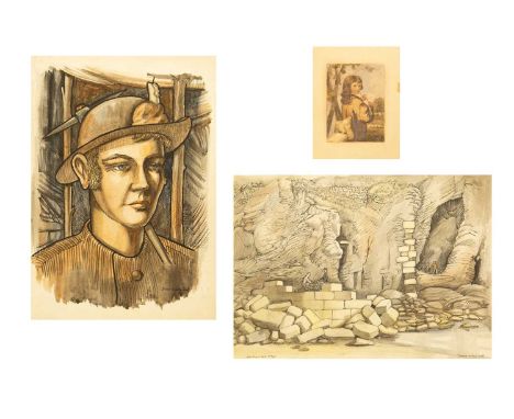 Dennis ENDEAN IVALL (1921-2006) 'The Miner' and 'Old Quay & Cave, St Agnes Each watercolour and ink, signed, 25.5cm x 35.5cm;