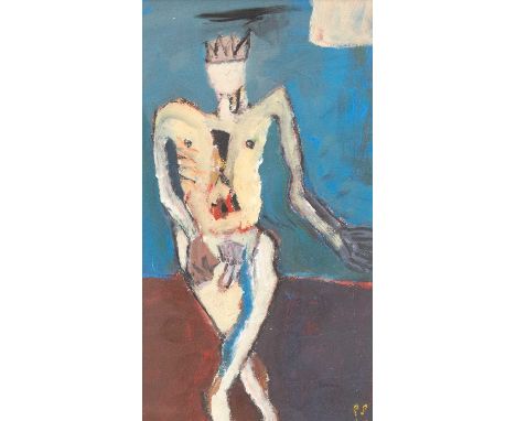 Paul SONABEND (1957) Seated Male Nude (1987) Oil on board, initialled and dated '87, 62 x 32.5cm, 83 x 54cm framed.