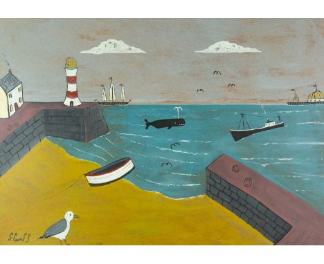 Stephen CAMPS (1957) A Whale, a Seagull, a Lighthouse and a Cottage. Oil on board, signed, 48cm x 67.5cm, 51cm x 70.5cm frame