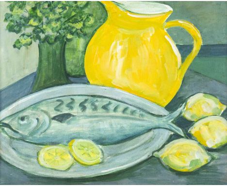 Maria HEITEL (1937-2023) Still Life with Fish Oil on board, 45.5cm x 56cm, 51cm x 61cm framed.
 
Maria trained at St Martins 