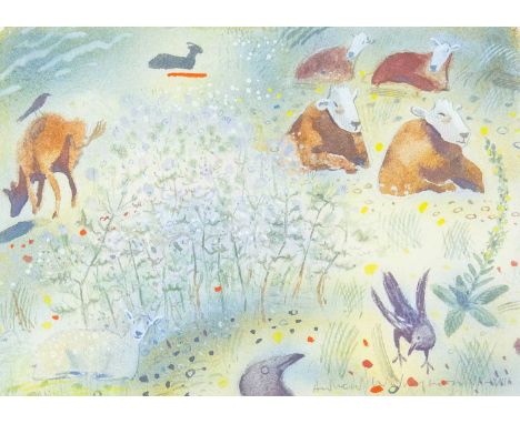 ANDREW WADDINGTON (1960) Crows and sheep. Gouache and watercolour, signed and dated 2002 in roman numerals in pencil, image s