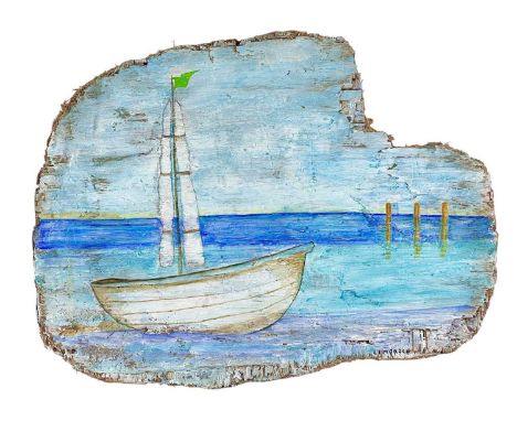 LIMEROCK (XX-XXI) Sailing Boat In Shallow Water Mixed media on driftwood, signed, titled verso, 47cm x 63cm (irregular)