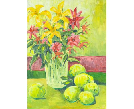 Maria HEITEL (1937-2023) Apples and Flowers Oil on board, signed, 63cm x 47.5cm framed.
 
Maria trained at St Martins in Lond