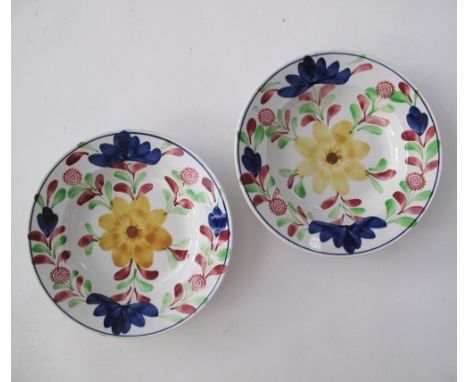 A pair of ceramic plates, D23cm, Folk Art hand painted flower decoration and blue line to the rim. French, FENAL BADONVILLER 