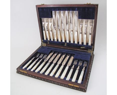 A Victorian DIXONS of Sheffield, silver plated flatware set with engraved ferules and mother of pearl handles, set of 12 pair