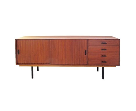 A vintage Danish Farstrup style teak veneered side board on black metal supports with two sliding doors and four drawers, c19