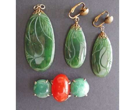 A collection of a carved green jade pendant L50mm, a pair of earrings and a pin brooch L45mm, with Aventurine and Carnelian c
