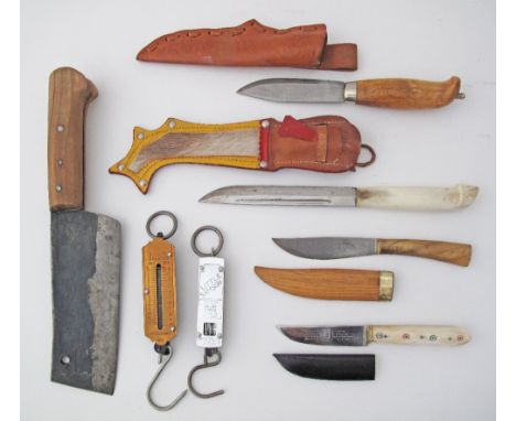 A collection of hunting knives and spring scales, the longest knife L28cm. (11)